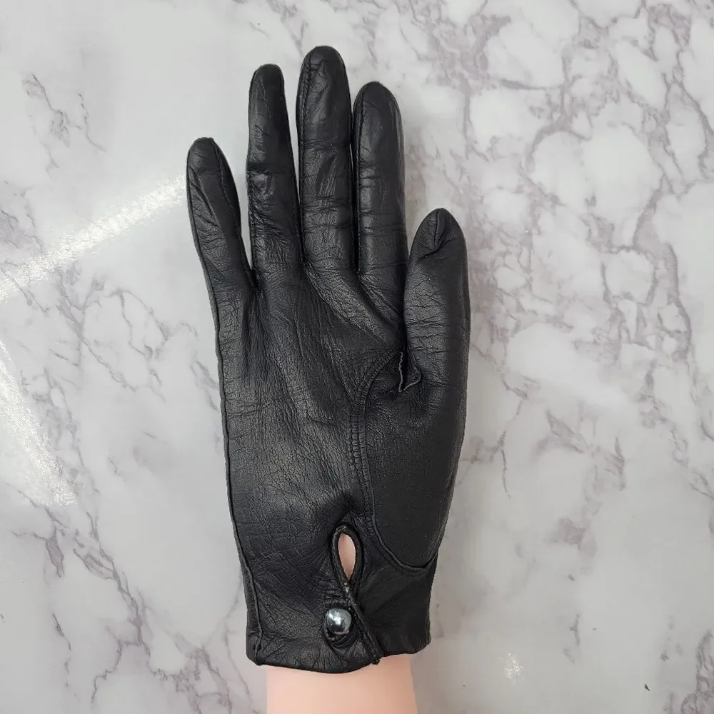Fownes Vintage Black Leather Goat Kid Skin Short Driving Gloves Silk Lining